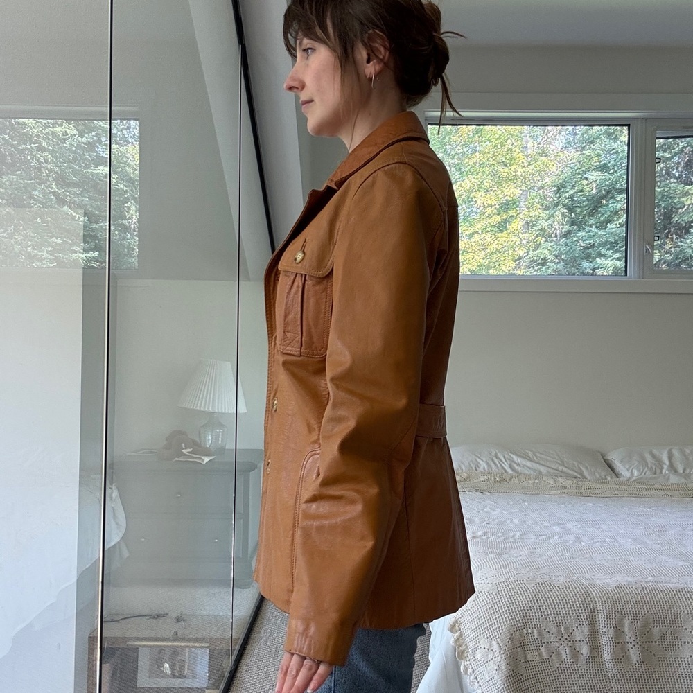 Vintage 100% leather cognac tan long line jacket small to medium euro 38 - Picture 6 of 17